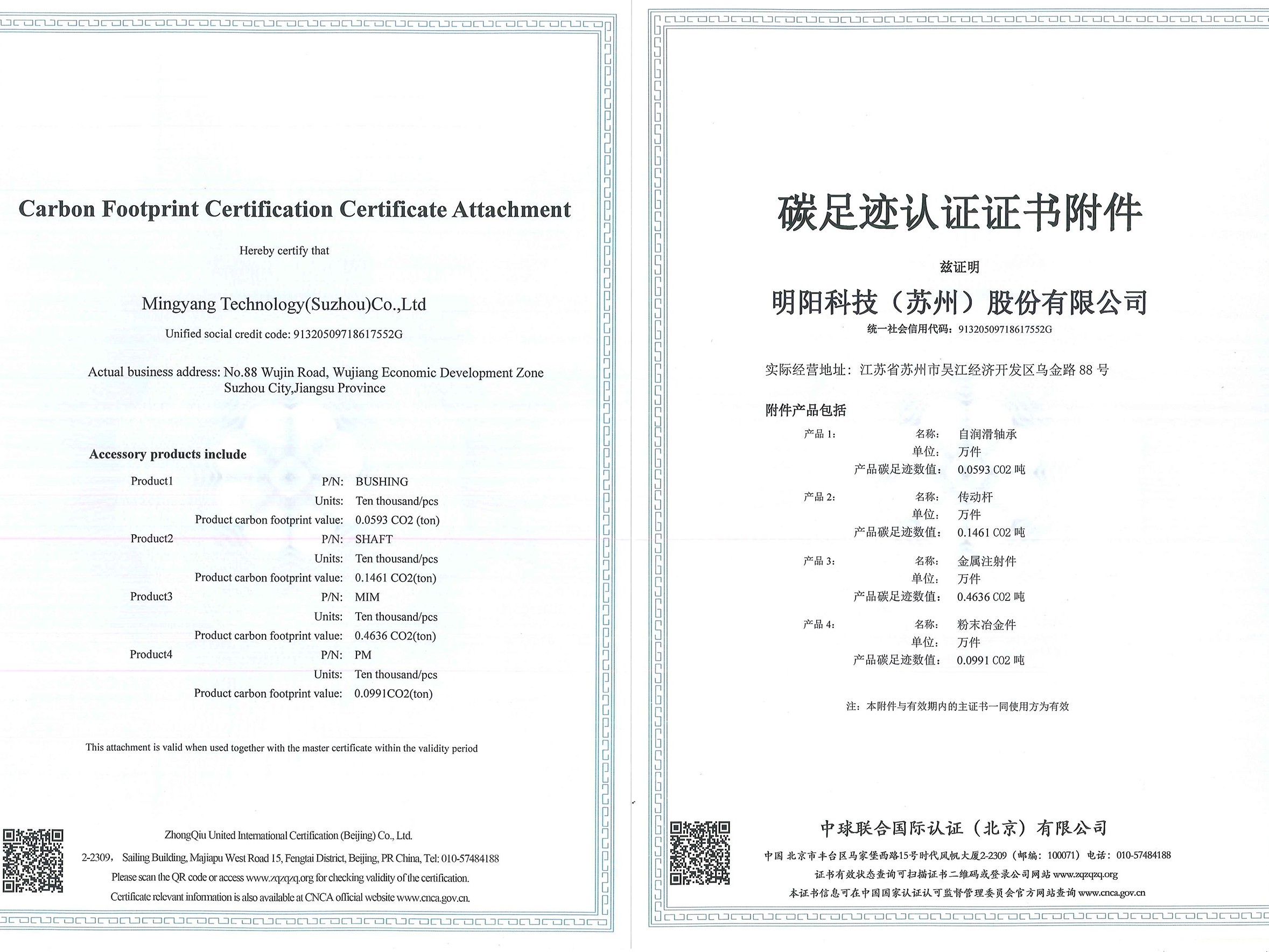 碳足跡認(rèn)證證書附件
